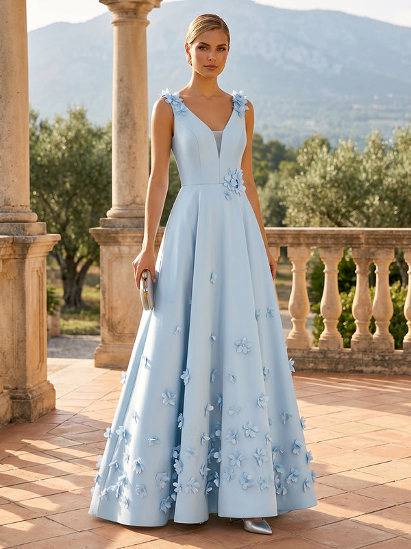 Satin A Line V Neck 3D Flowers Ruched Evening Dresses