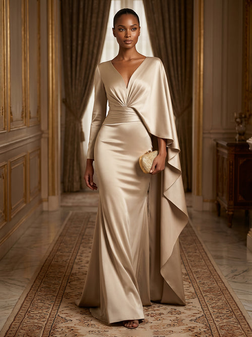 Satin Mermaid V Neck Ruffles Ruched Evening Dresses