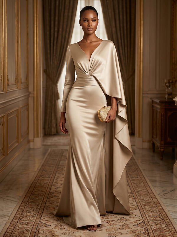 Satin Mermaid V Neck Ruffles Ruched Evening Dresses