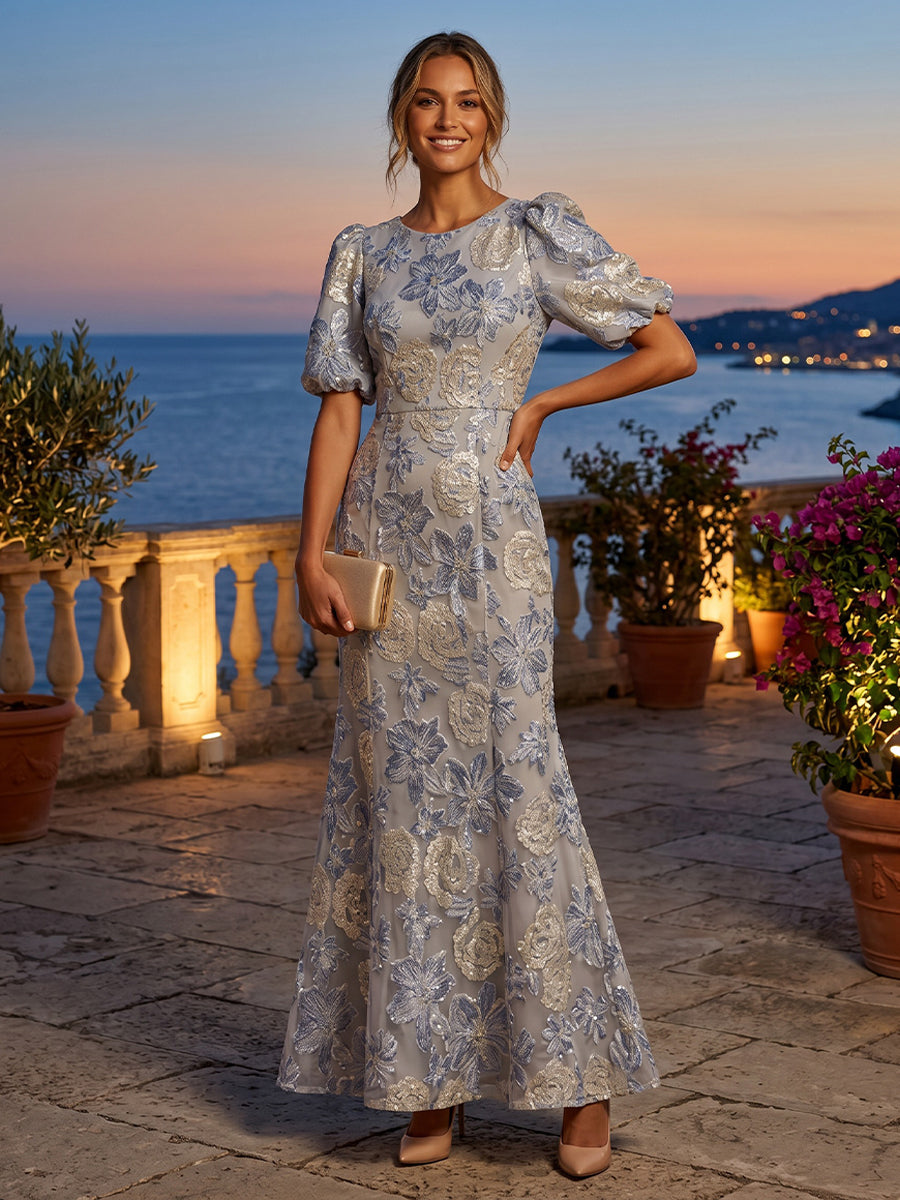 Jacquard Mermaid Scoop Neck Pleats Ruched Mother of the Bride Dresses