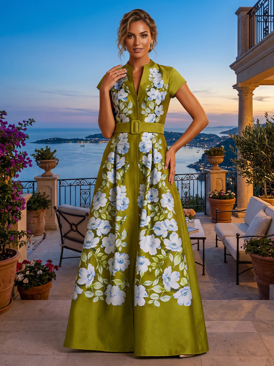 Floral Print A Line V Neck Belt Ruched Mother of the Bride Dresses