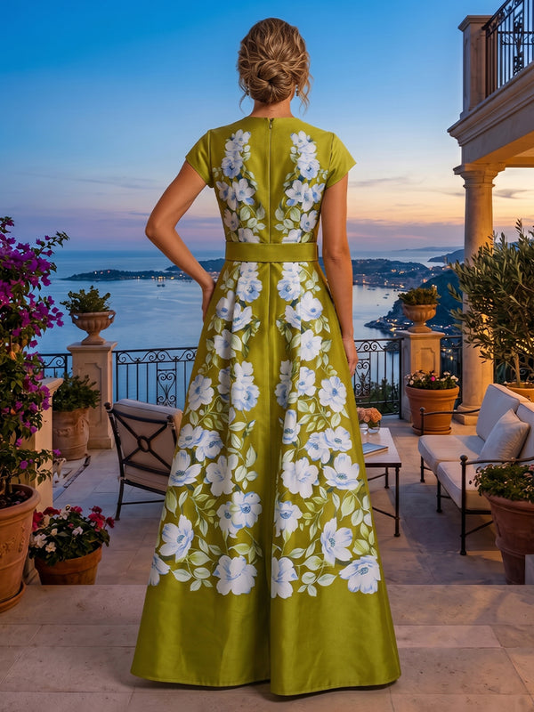Floral Print A Line V Neck Belt Ruched Evening Dresses