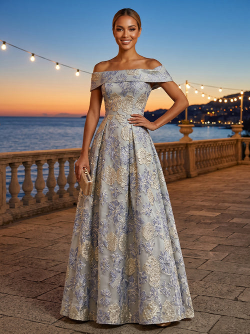 Jacquard A Line Off the Shoulder Pleats Ruched Evening Dresses