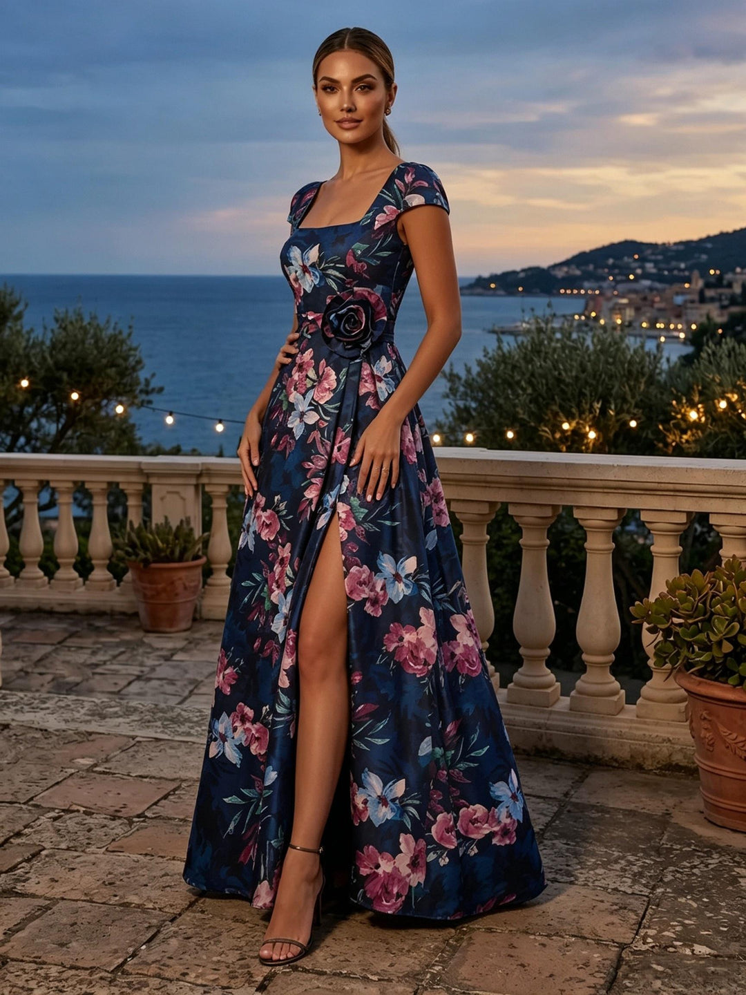 Floral Print A Line Square Neck 3D Flowers Pleats Evening Dresses