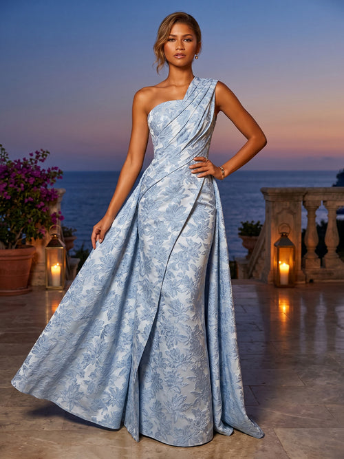 Jacquard A Line One Shoulder Pleats Ruched Evening Dresses
