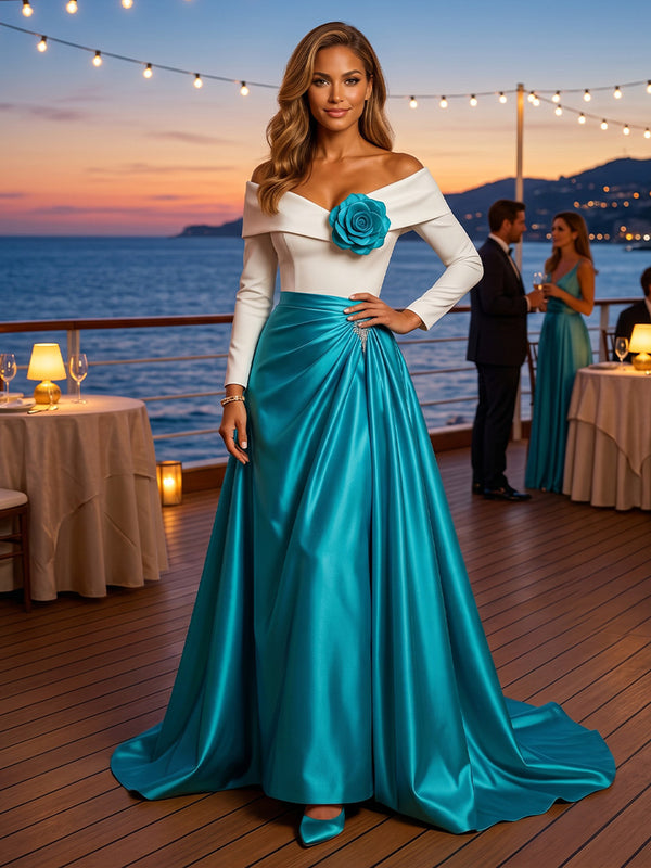 Satin A Line Off the Shoulder 3D Flowers Ruched Evening Dresses
