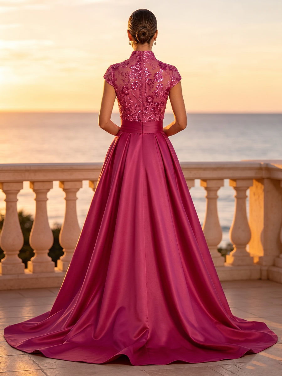 Satin A Line V Neck Sequin Floral Ruched Evening Dresses