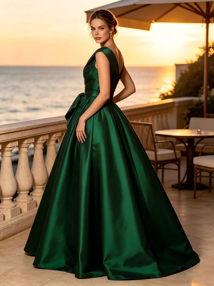Satin A Line One Shoulder Sash Side Slit Evening Dresses