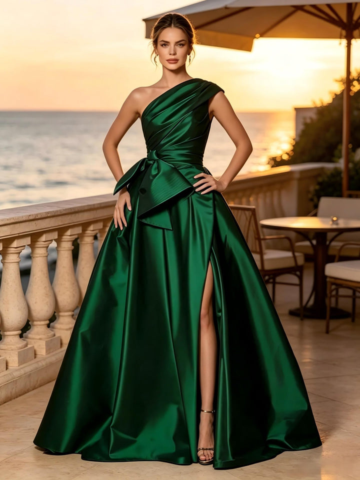 Satin A Line One Shoulder Sash Side Slit Evening Dresses