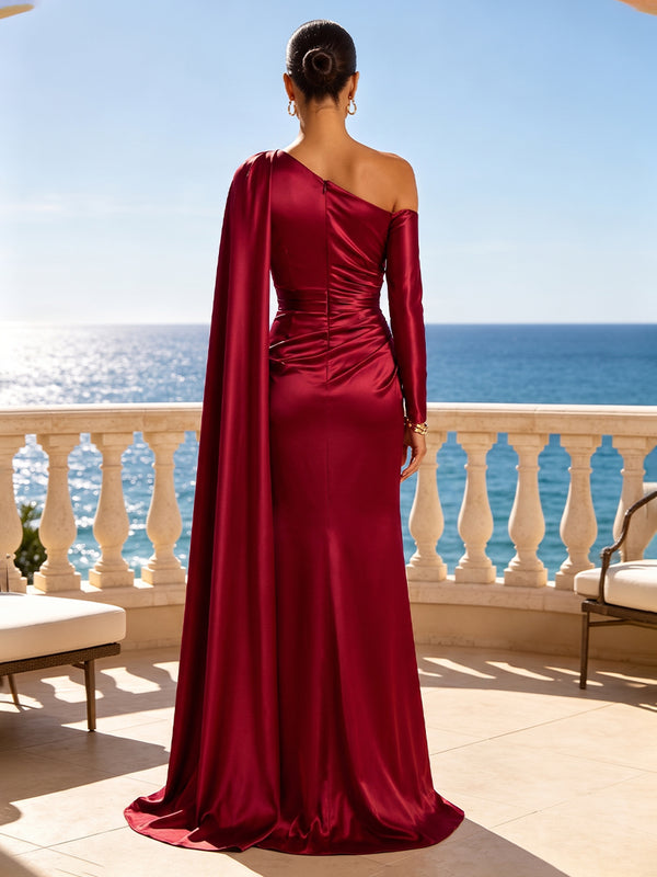 Satin Sheath One Shoulder Sash Ruched Evening Dresses