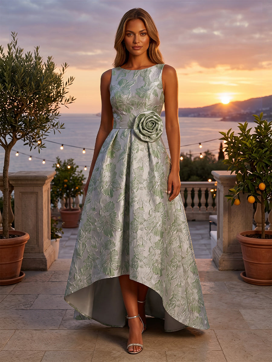 Jacquard High Low Scoop Neck 3D Flowers Ruched Evening Dresses