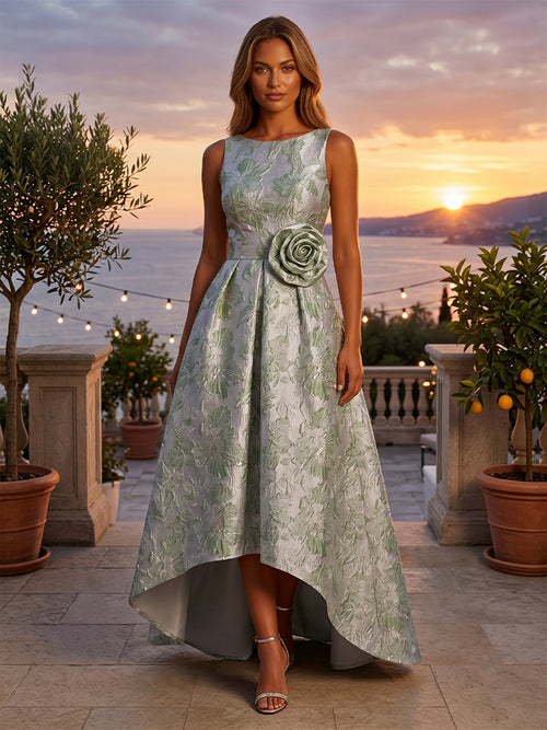 Jacquard High Low Scoop Neck 3D Flowers Ruched Evening Dresses