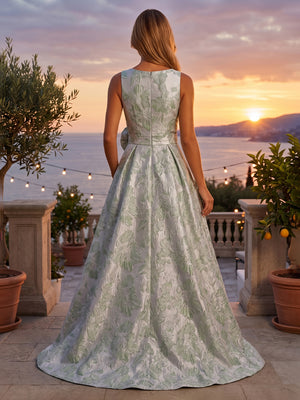 Jacquard High Low Scoop Neck 3D Flowers Ruched Evening Dresses