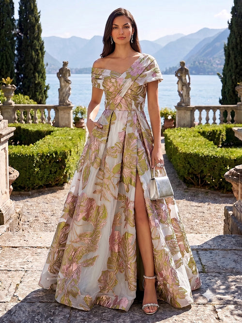 Jacquard A Line Off the Shoulder Side Slit Ruched Evening Dresses