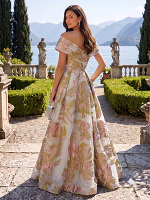 Jacquard A Line Off the Shoulder Side Slit Ruched Evening Dresses