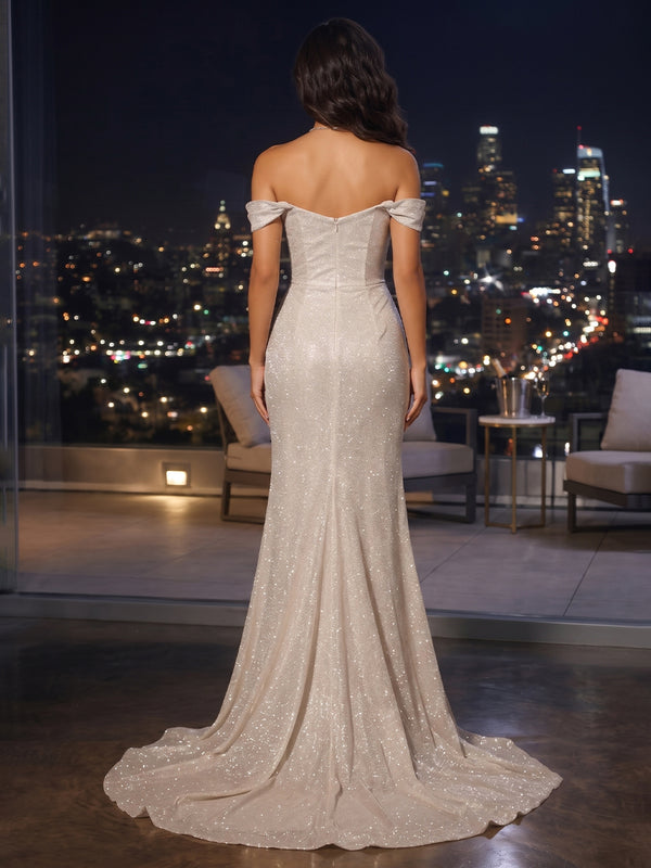 Sequin Mermaid Off the Shoulder Side Slit Ruched Evening Dresses