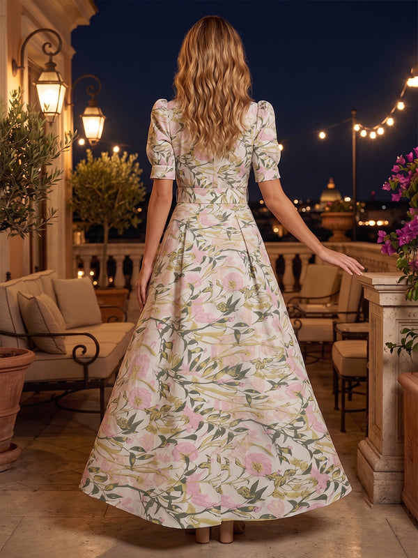 Floral Print A Line V Neck Belt Ruched Evening Dresses