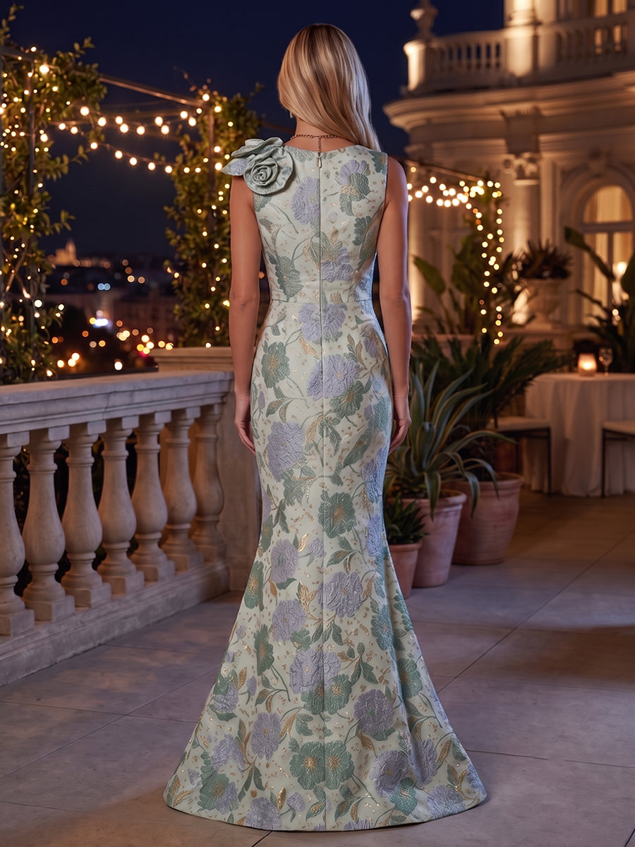 Jacquard Mermaid V Neck 3D Flowers Ruched Evening Dresses