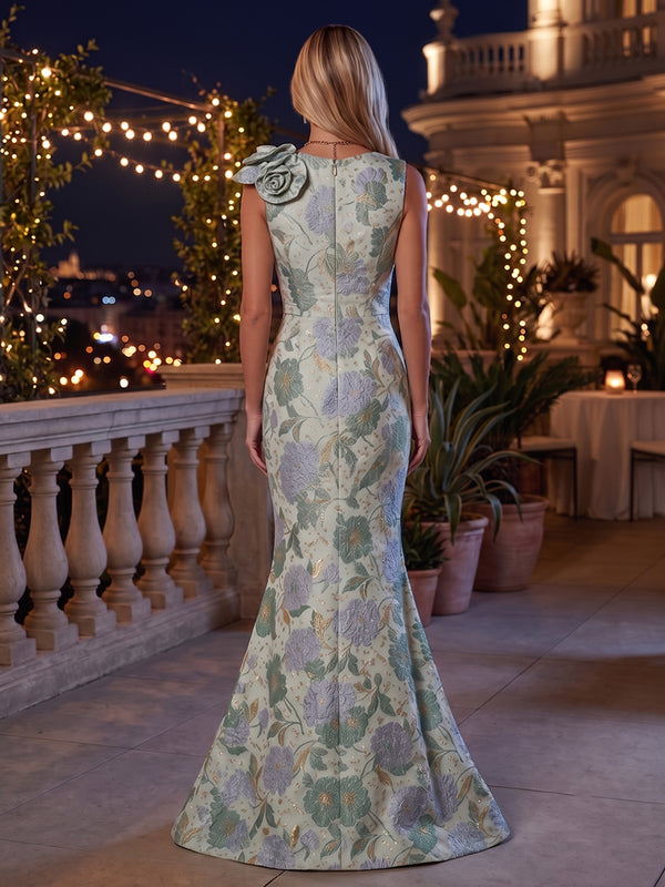 Jacquard Mermaid V Neck 3D Flowers Ruched Evening Dresses