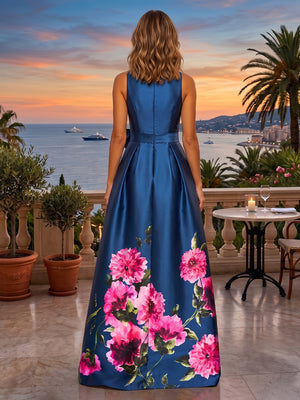 Floral Print A Line Scoop Neck Front Slit Ruched Evening Dresses