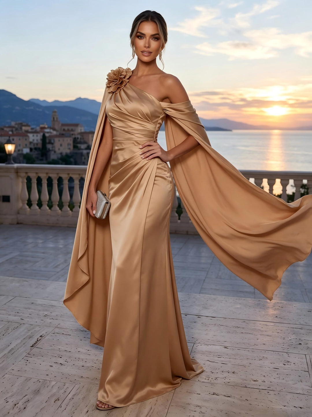 Satin Mermaid One Shoulder Sash Ruched Evening Dresses