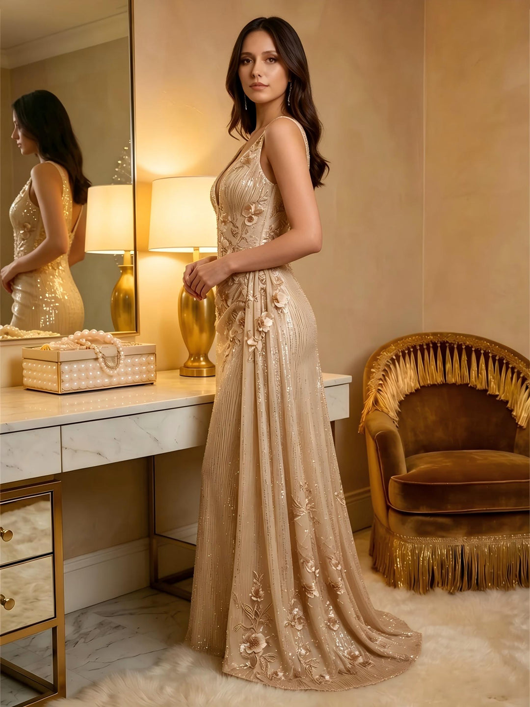 Sequin Mermaid V Neck 3D Flowers Sash Evening Dresses