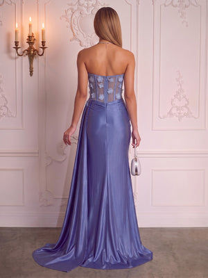 Satin Mermaid Strapless 3D Flowers Ruched Evening Dresses