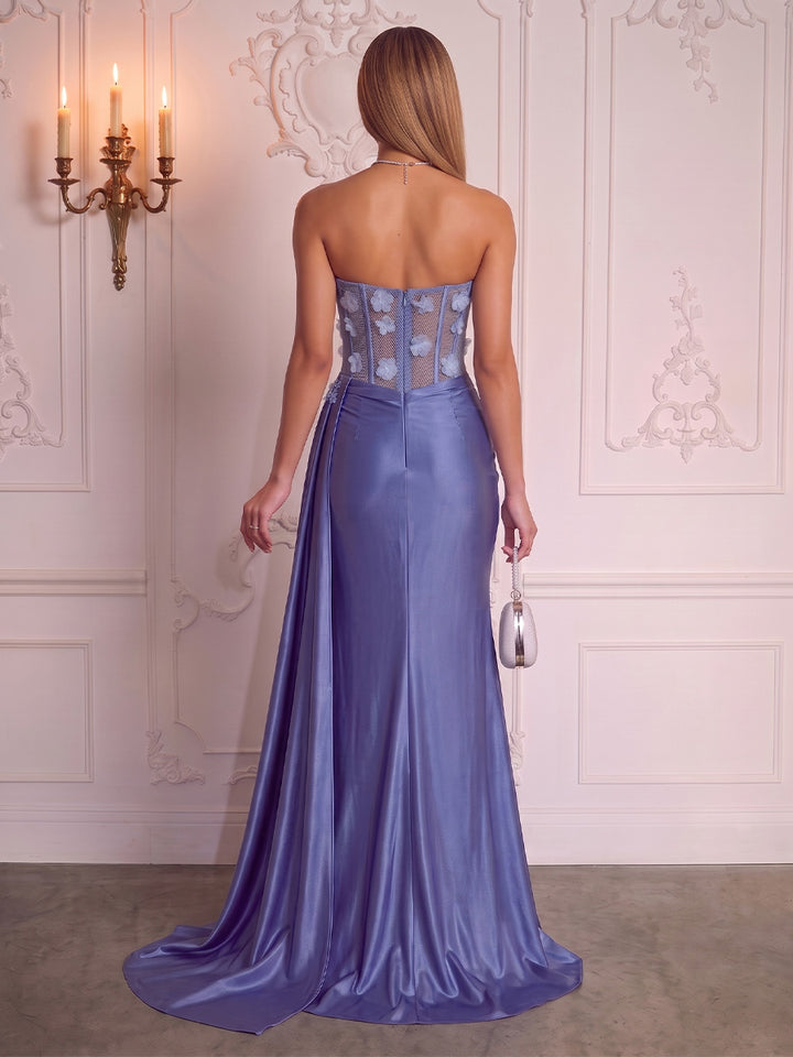 Satin Mermaid Strapless 3D Flowers Ruched Evening Dresses