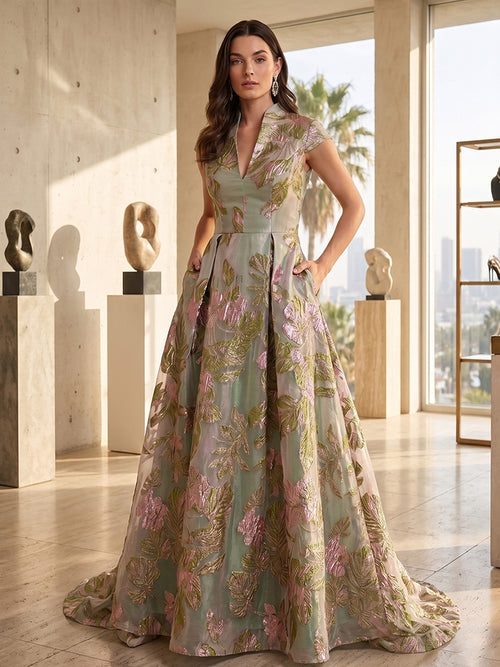 Jacquard A Line V Neck Ruched elegent Evening Dresses for Women
