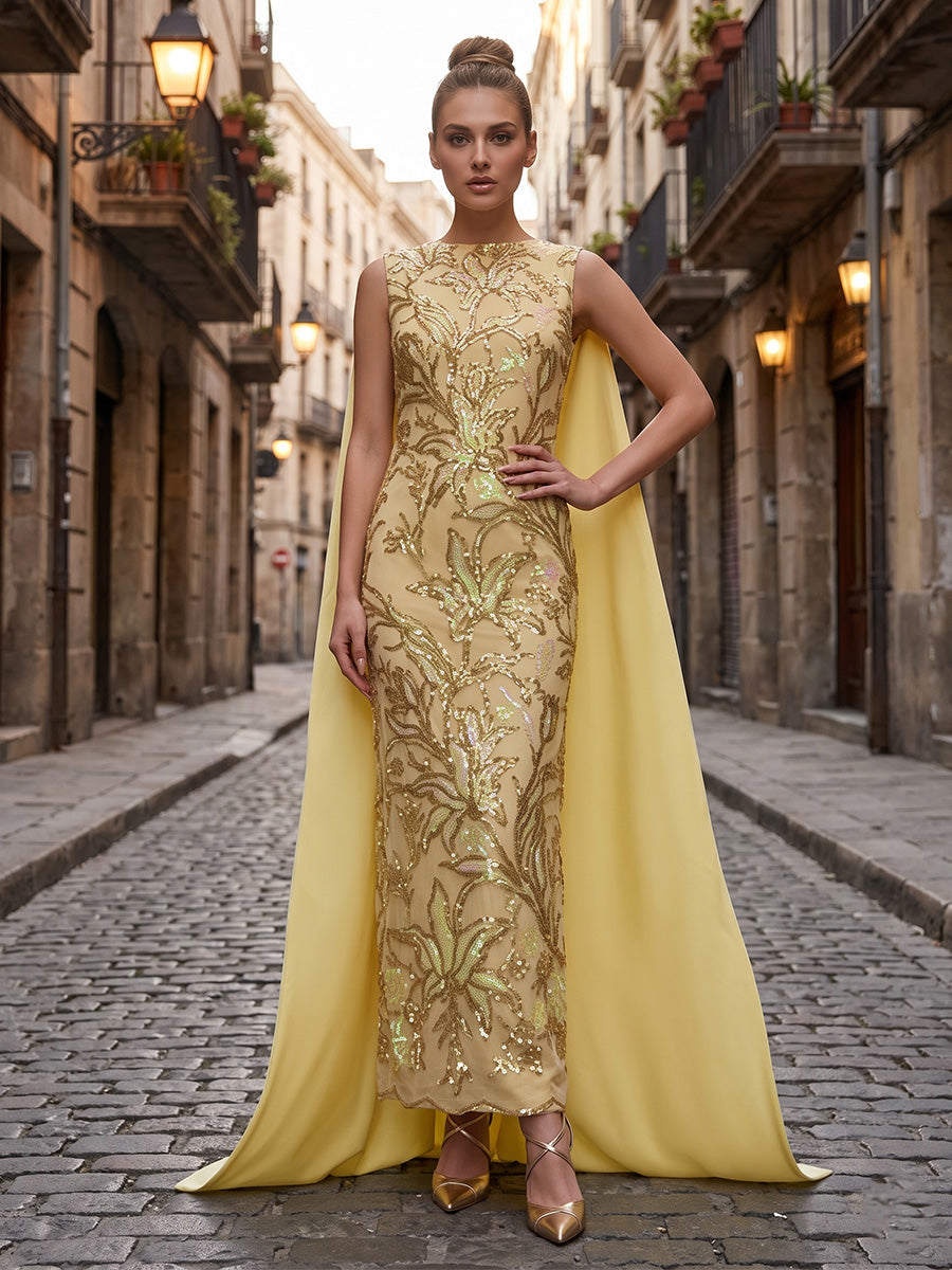 Sequin Floral Sheath Scoop Neck Cape elegent Evening Dresses