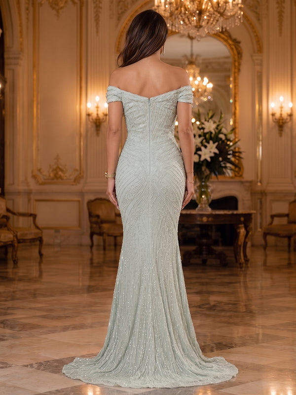 Sequin Mermaid Off the Shoulder Cut Out Ruched Evening Dresses