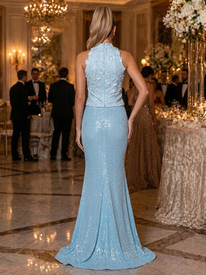Sequin Mermaid Halter 3D Flowers Ruched Evening Dresses