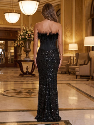 Sequin Mermaid Strapless Feather Ruched Evening Dresses