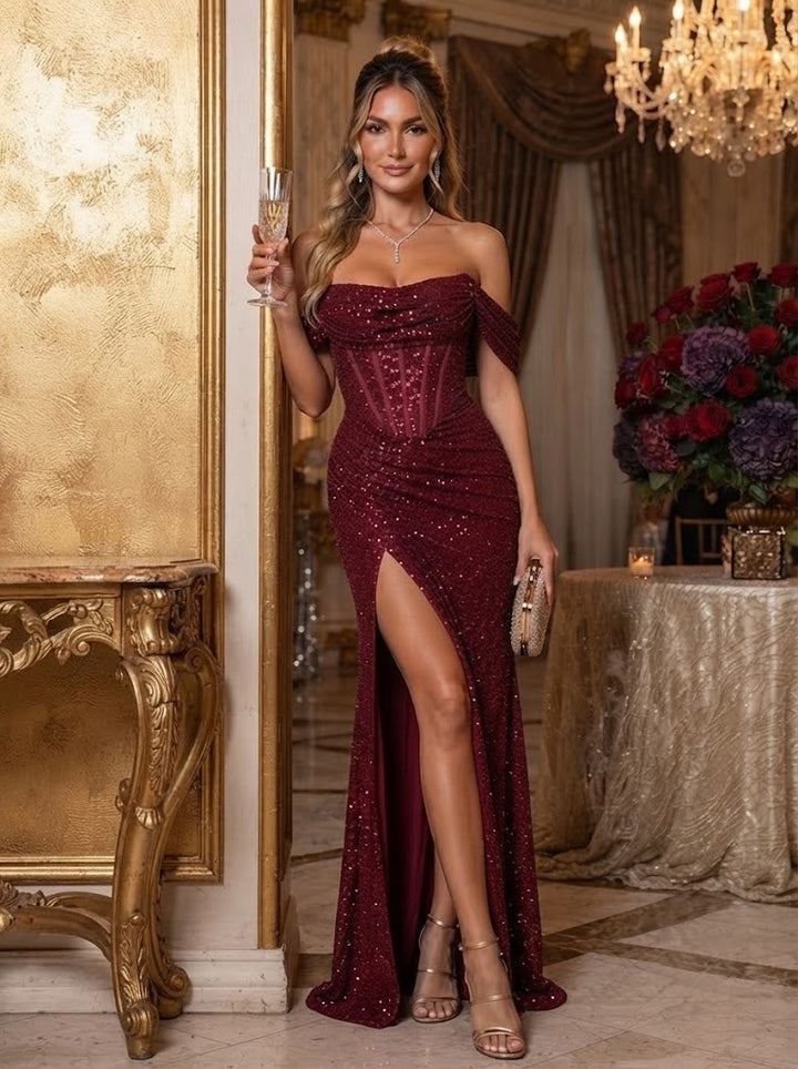 Sequin Mermaid Off the Shoulder Side Slit Ruched Evening Dresses