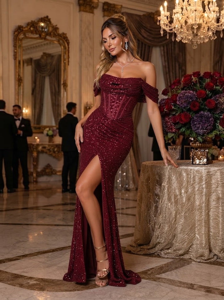 Sequin Mermaid Off the Shoulder Side Slit Ruched Evening Dresses