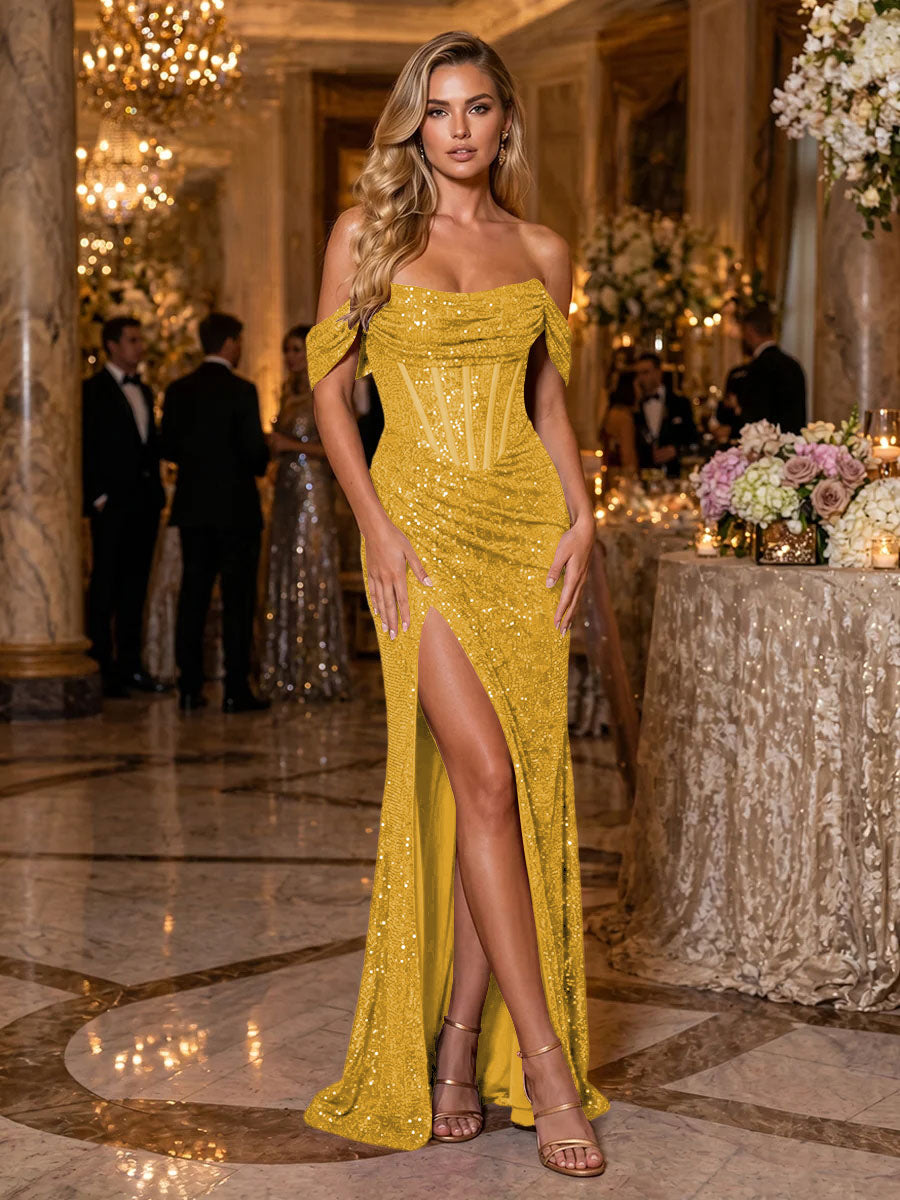 Sequin Mermaid Off the Shoulder Side Slit Ruched Evening Dresses