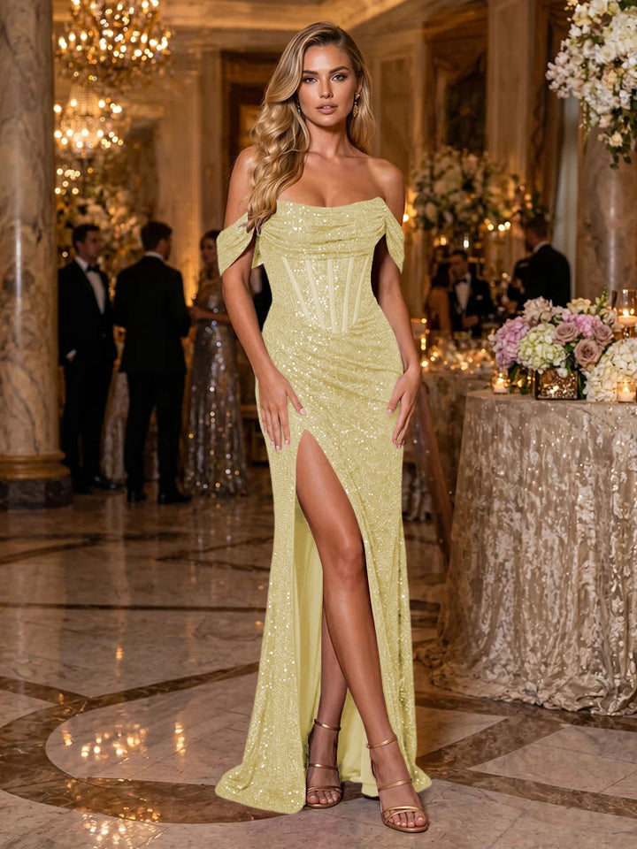 Sequin Mermaid Off the Shoulder Side Slit Ruched Evening Dresses