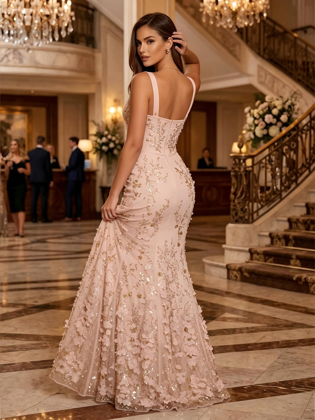 Sequin Floral Mermaid Scoop Neck 3D Flowers Ruched Evening Dresses