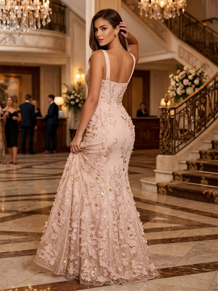 Sequin Floral Mermaid Scoop Neck 3D Flowers Ruched Evening Dresses