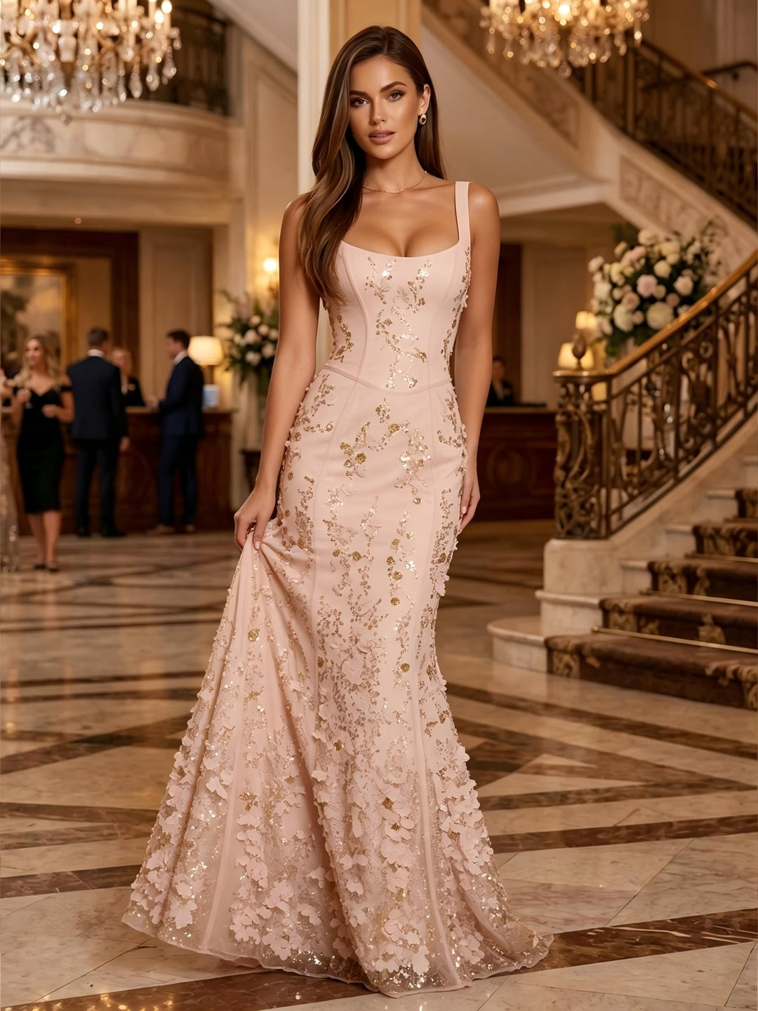 Sequin Floral Mermaid Scoop Neck 3D Flowers Ruched Evening Dresses