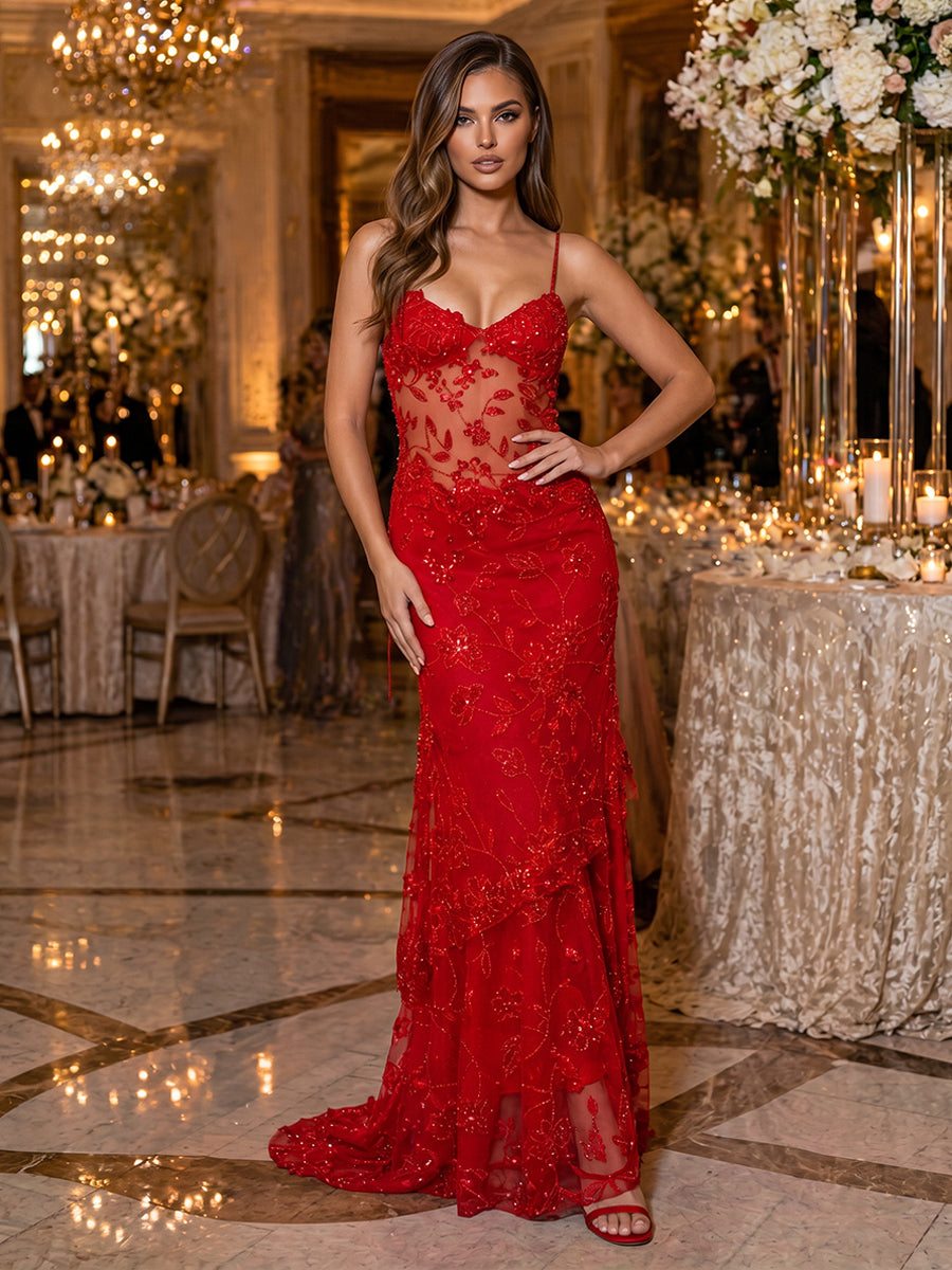 Sequin Floral Mermaid Spaghetti Straps Glitter elegent Evening Dresses for Women