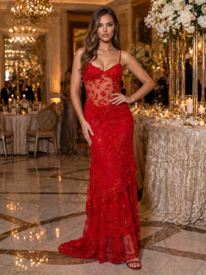 Sequin Floral Mermaid Spaghetti Straps Glitter elegent Evening Dresses for Women