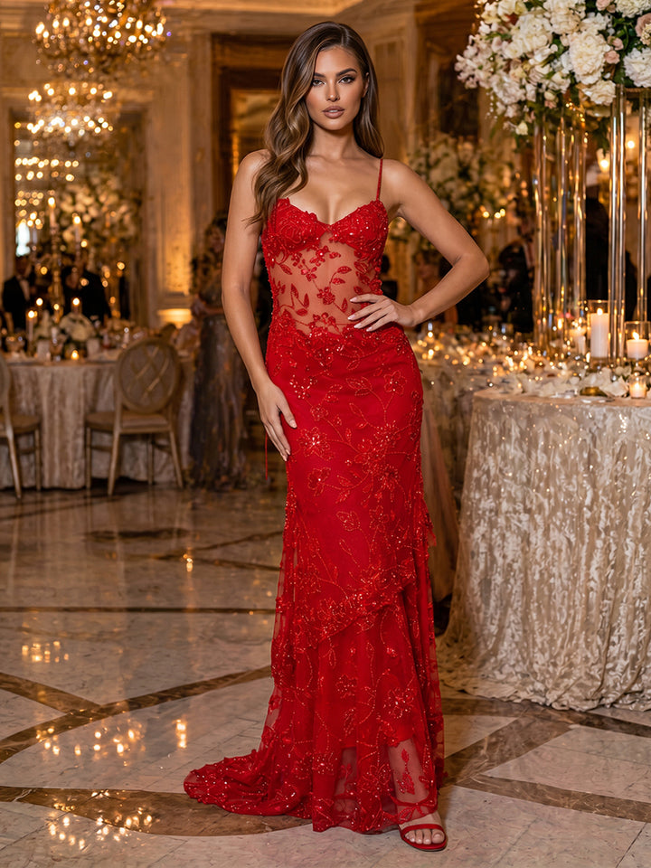 Sequin Floral Mermaid Spaghetti Straps Glitter elegent Evening Dresses for Women