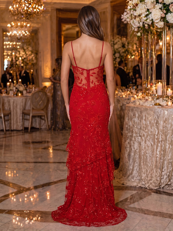 Sequin Floral Mermaid Spaghetti Straps Glitter elegent Evening Dresses for Women