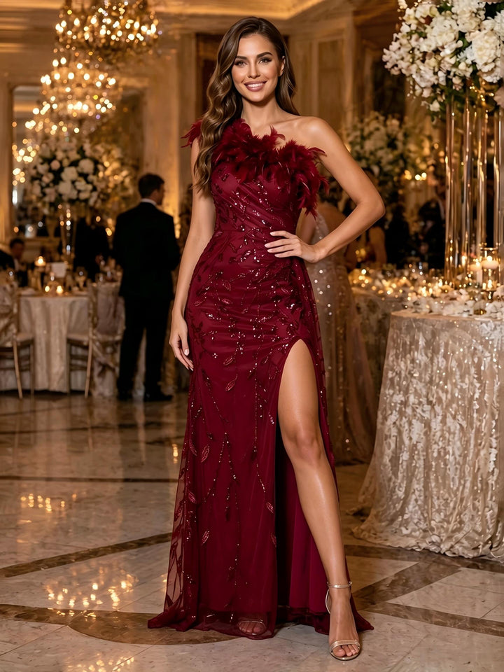 Sequin Floral Mermaid One Shoulder Feather Ruched Evening Dresses