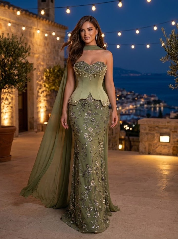 Sequin Floral Mermaid Strapless Scarf Ruched Evening Dresses