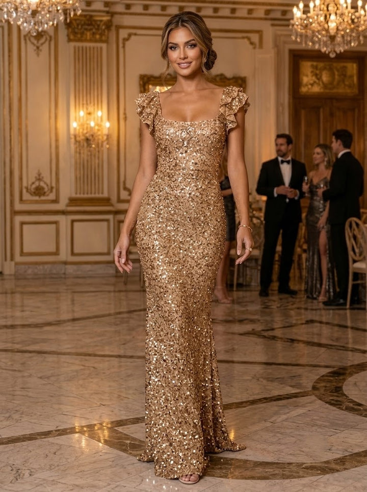 Sequin Mermaid Square Neck Ruffles Ruched Evening Dresses