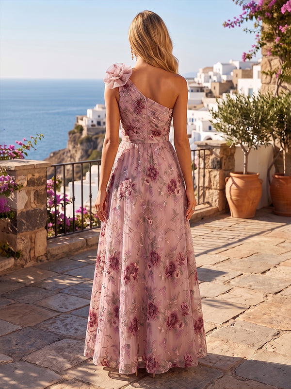Sequin Floral A Line One Shoulder 3D Flowers Ruched Evening Dresses