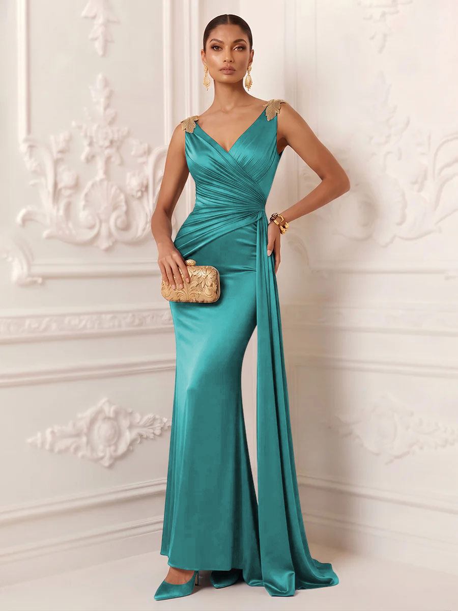 Satin Mermaid V Neck Sash Ruched Evening Dresses