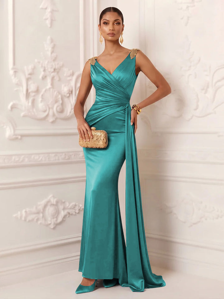 Satin Mermaid V Neck Sash Ruched Evening Dresses